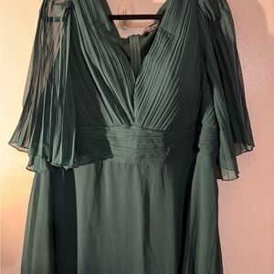 Green Ruched V-Neck Gown with Flutter Sleeves